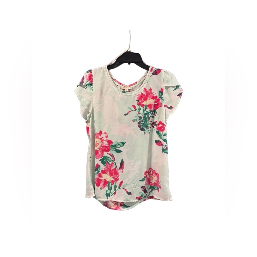 EUC Skies are Blue ruffle sleeve blouse large Floral beauty Mint green & pink